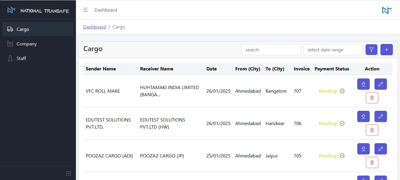 National Transafe Cargo Management Web Application Cargo Page