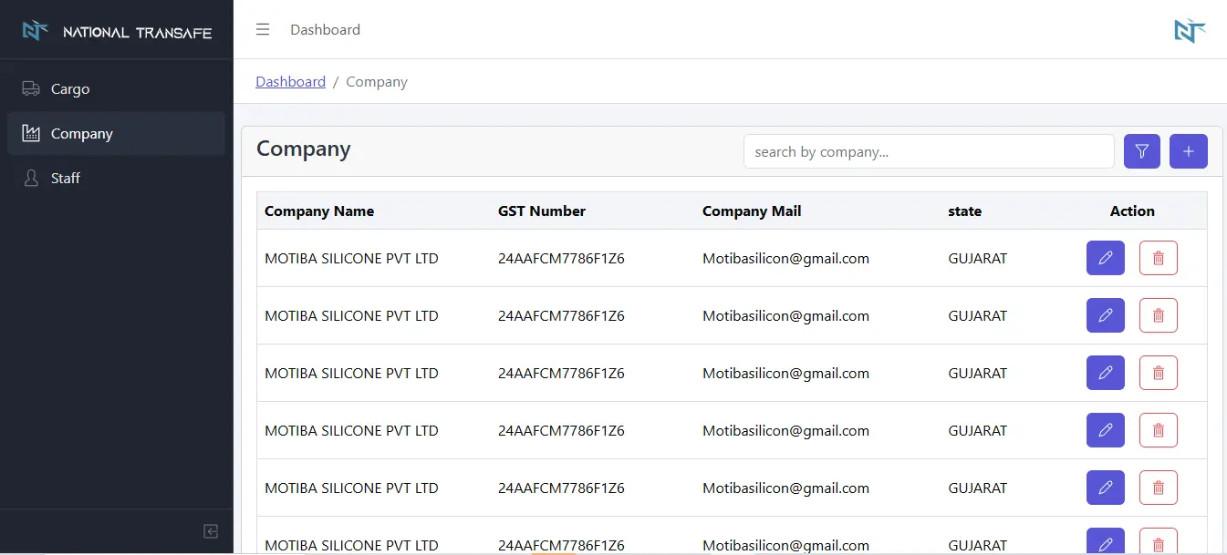 National Transafe Cargo Management Web App Company Page